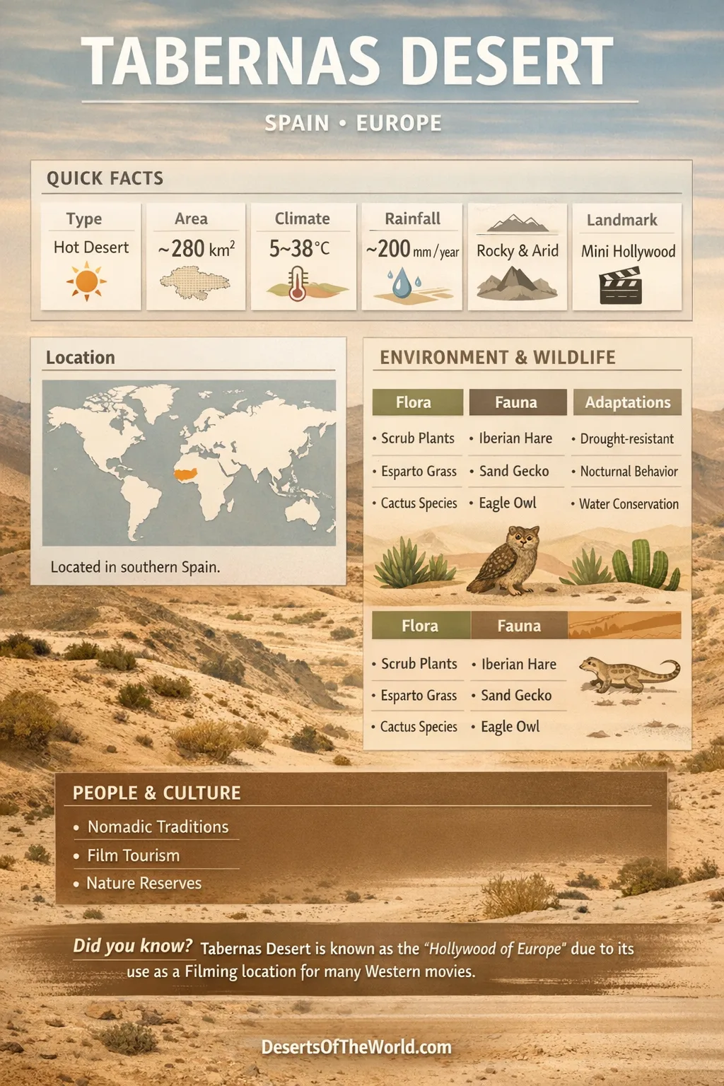 A view of the arid Tabernas Desert with sparse vegetation and rocky terrain.