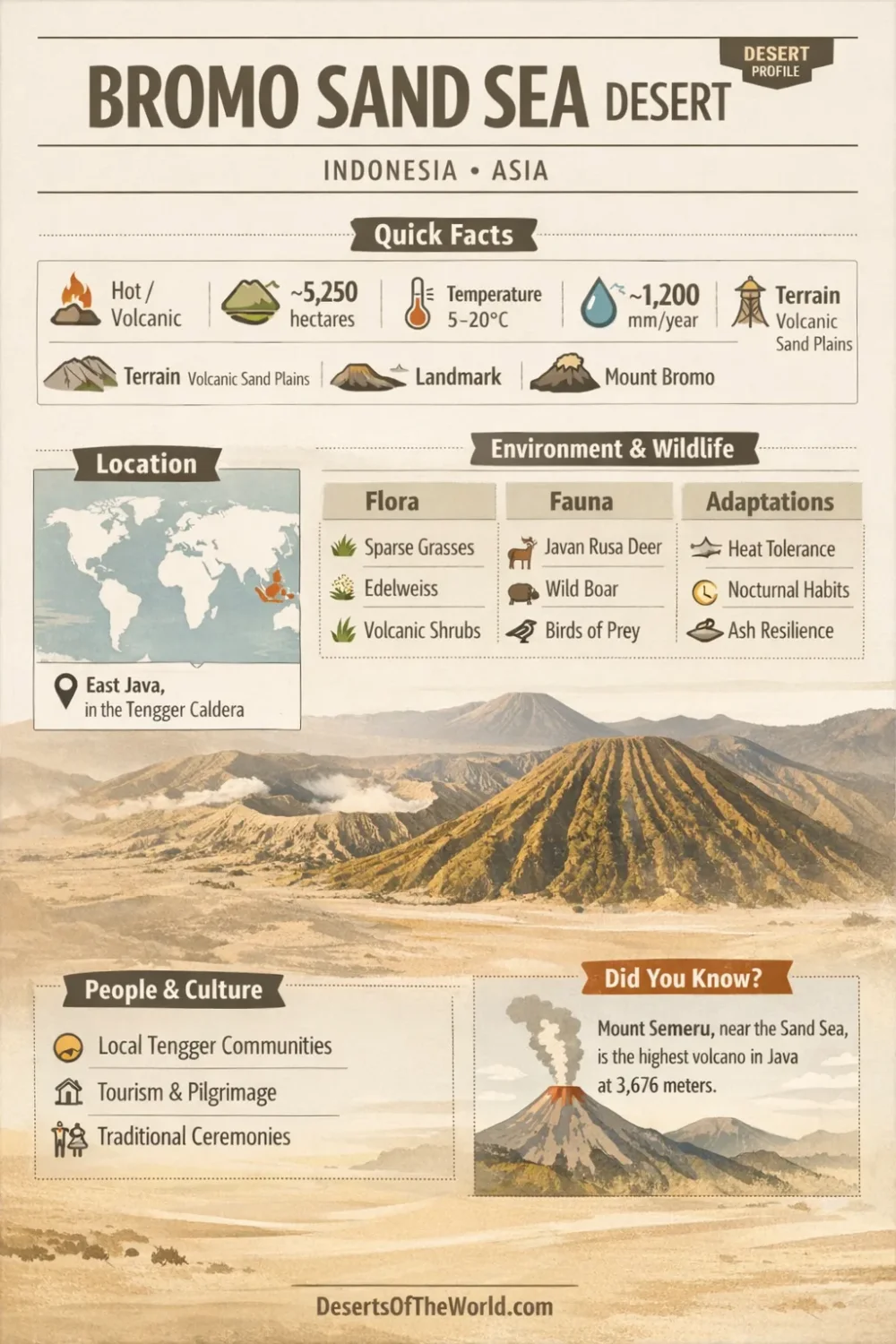 Bromo Sand Sea features volcanic landscape and vast sand dunes with a volcano in the background.