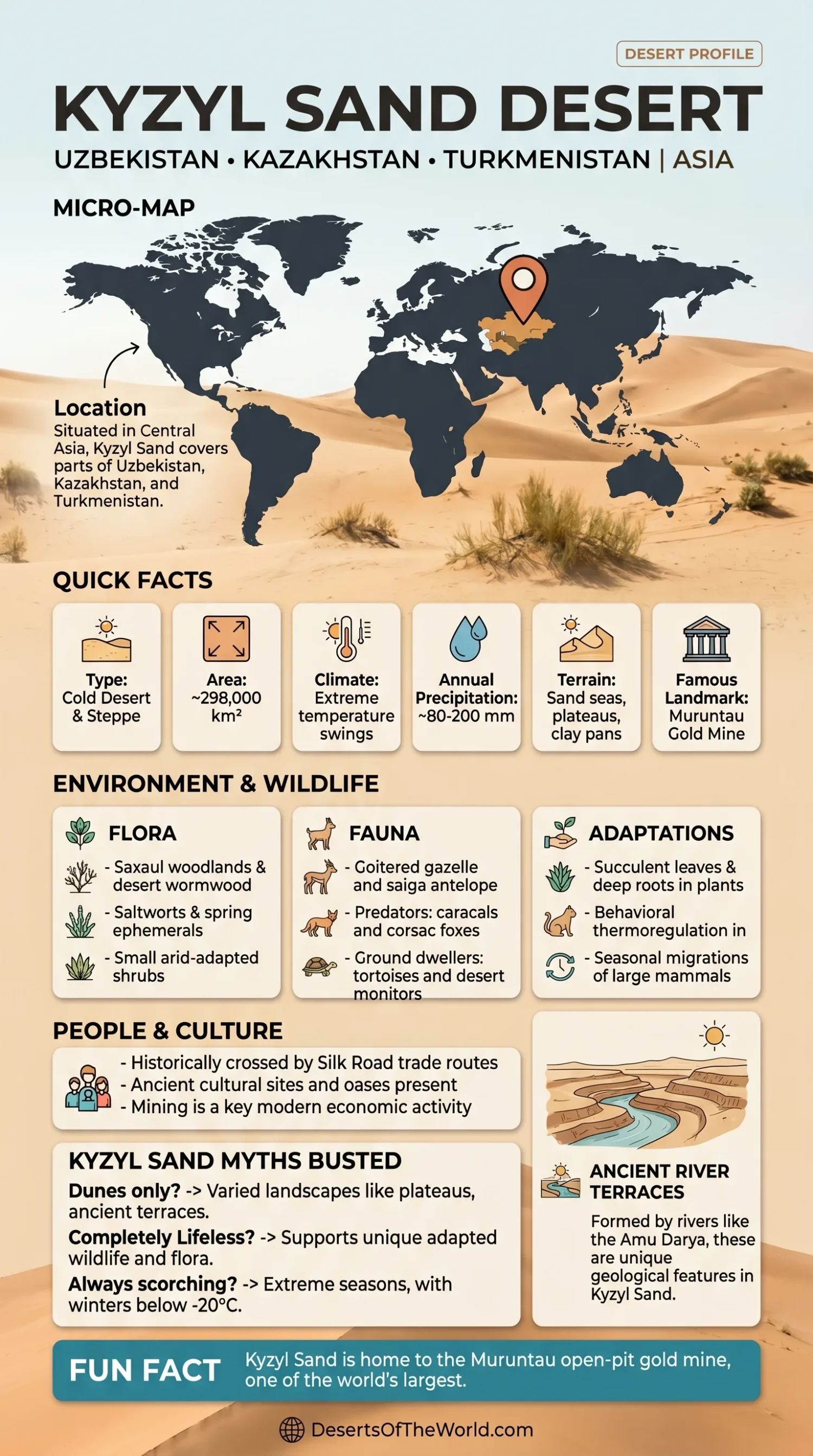 Kyzyl Kum desert showcasing vast sand dunes, arid landscape, and sparse vegetation in Central Asia.
