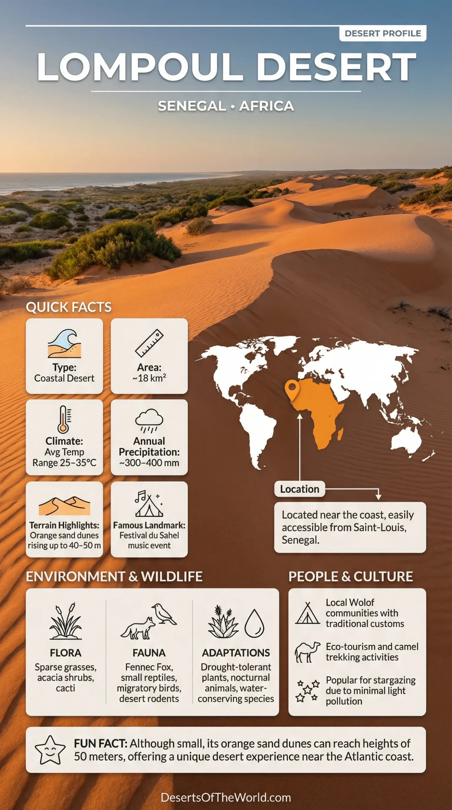 Lompoul Desert features colorful sand dunes and a small truck parked on the reddish sands.