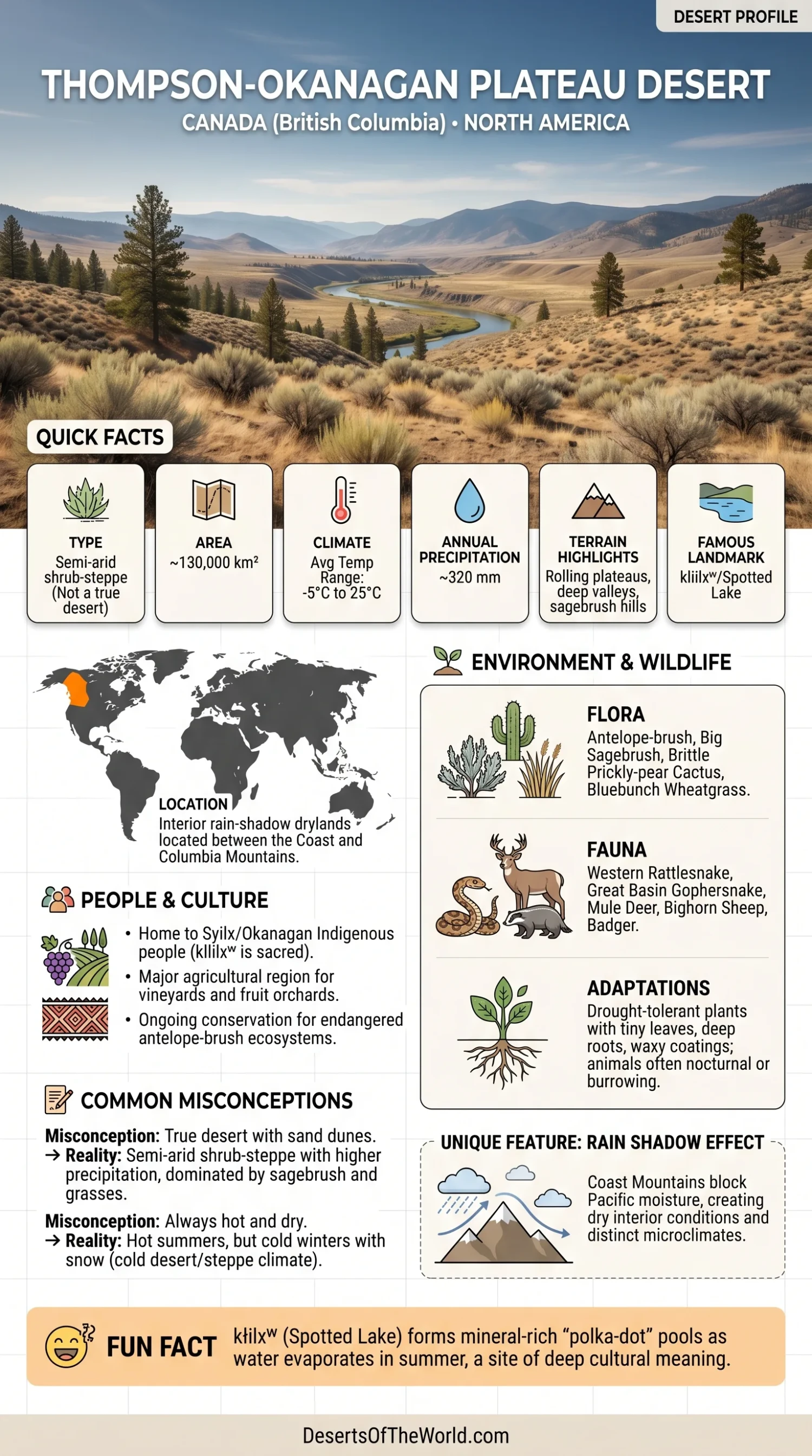 Thompson-Okanagan Plateau showcases a diverse desert landscape with rugged terrain and unique plant life.
