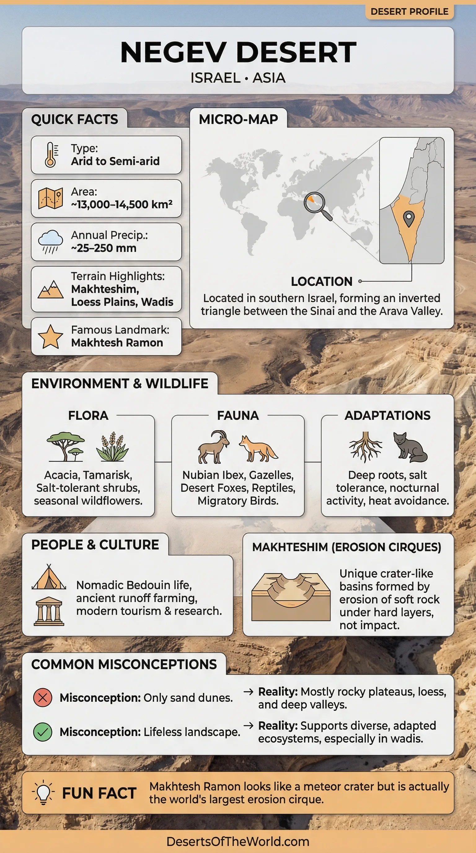 A map of the Negev Desert with a focus on its location in Israel and surrounding natural features.