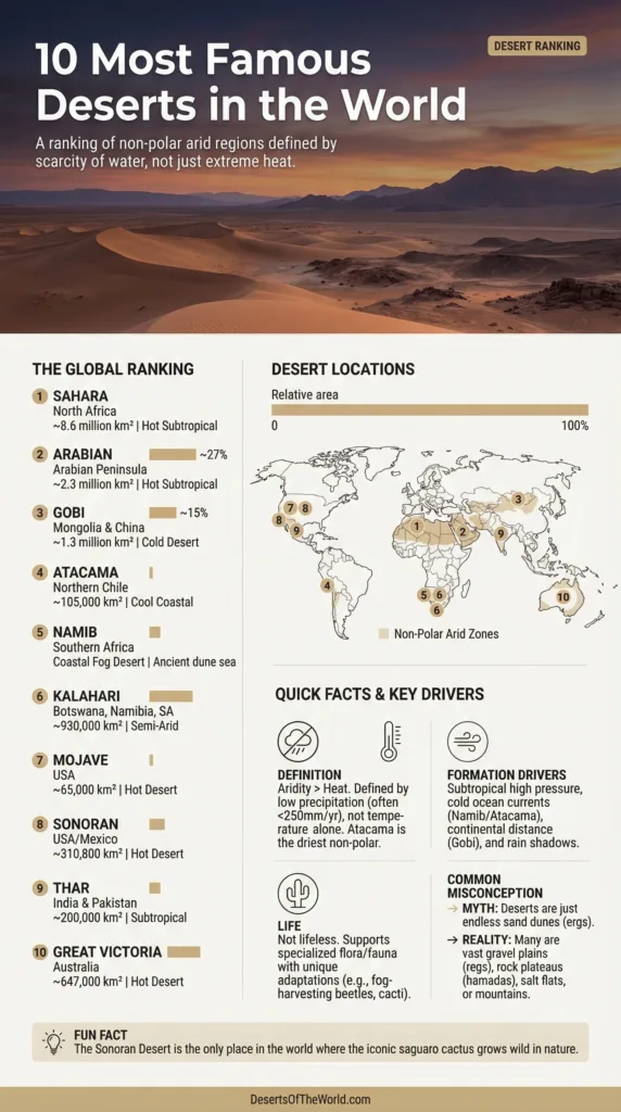 Map showing locations of the world's most famous deserts, including Sahara in Africa and Gobi in Asia.