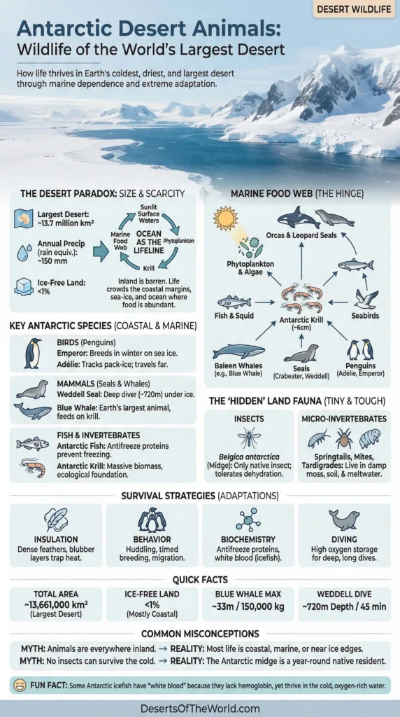 Antarctic desert animals include penguins standing on snow-covered ice in a cold, icy landscape.