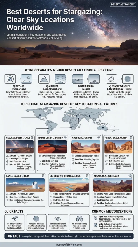 Desert landscape with clear night sky filled with stars, a perfect setting for stargazing in some of the best deserts worldwide.