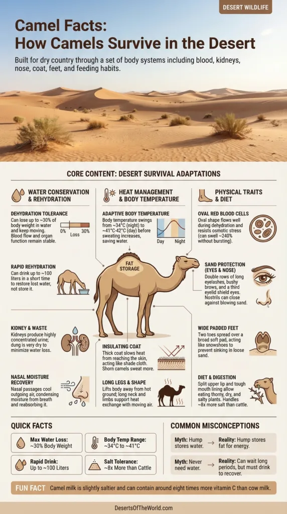 Camel Facts: A desert scene shows a camel walking across sandy dunes, showcasing its ability for desert survival.