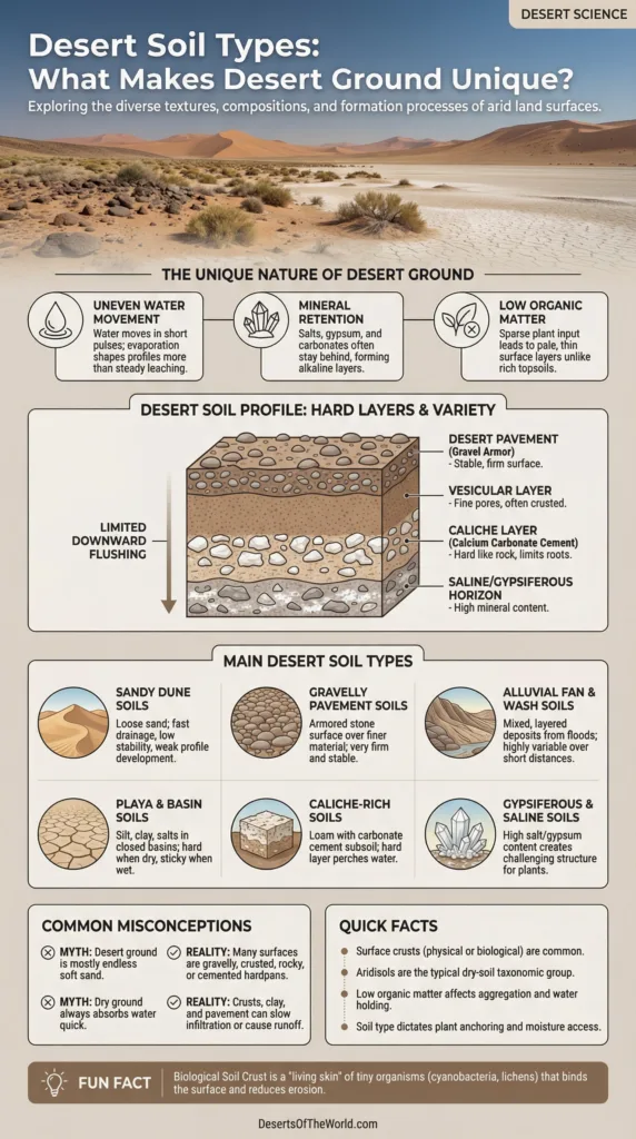Desert soil types image showing different layers and textures of dry, sandy, and rocky ground in arid regions.