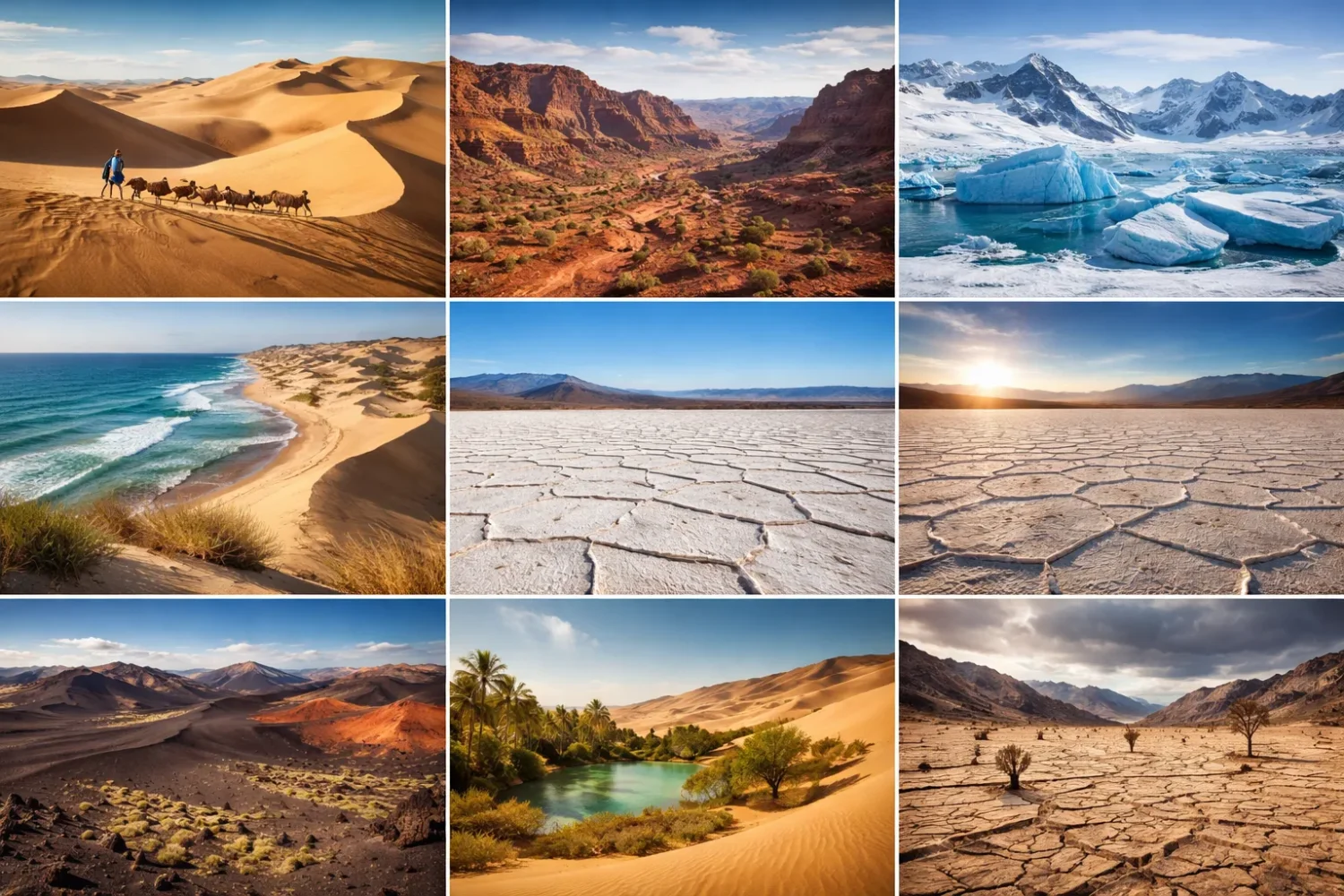 Global desert landscapes collage showing sand dunes, rocky deserts, polar ice deserts, coastal dunes, salt flats, and arid mountain basins.