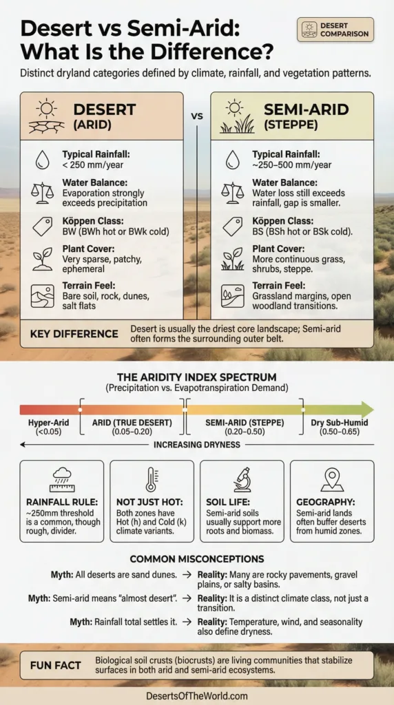 Diagram showing differences between desert and semi-arid, with a focus on vegetation types and temperature ranges.