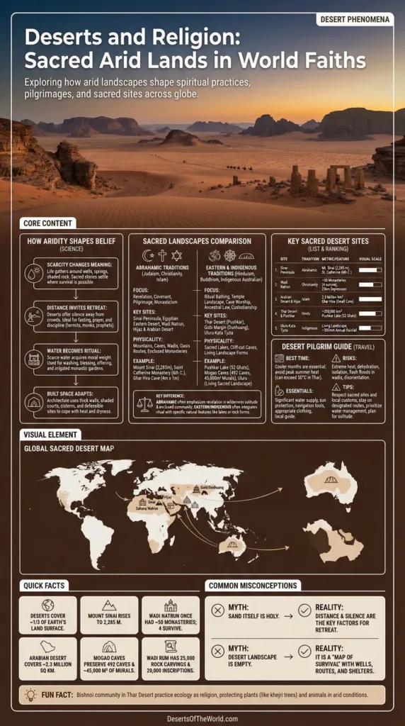 Person standing on a sandy desert at sunset, illustrating deserts and religion's connection to sacred arid lands in world faiths.