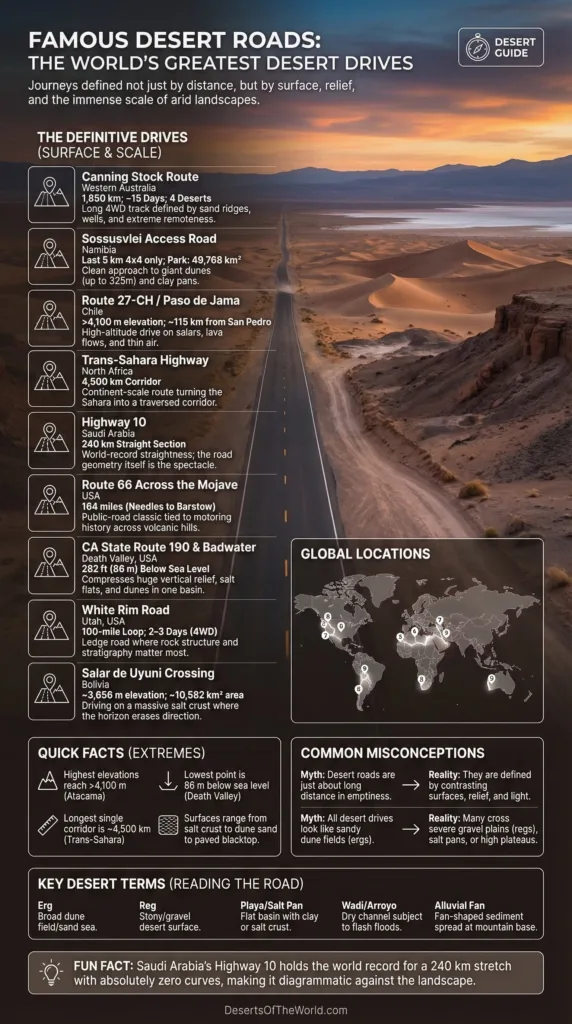 Famous desert roads map showing popular routes like Route 66 and the Dempster Highway across vast desert landscapes.