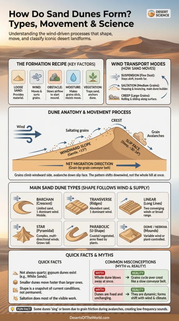 Sand dunes with rippled surface and wind-blown patterns show how sand moves and accumulates in desert environments.
