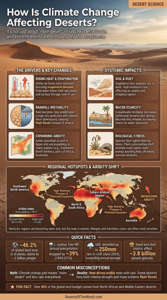 Desert landscape with dry cracked earth and sparse vegetation illustrating how climate change influences arid regions.