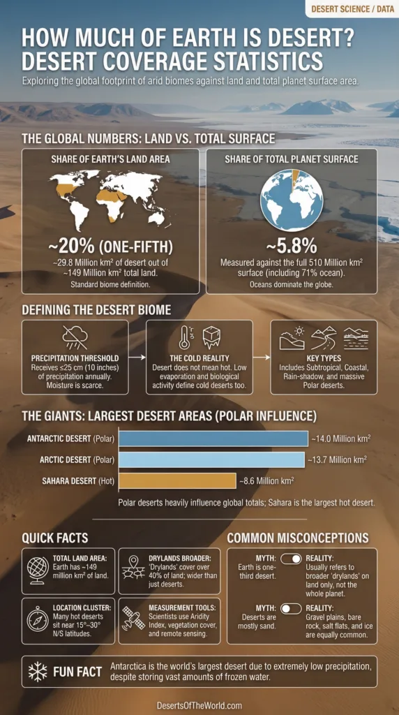 Desert coverage on Earth shown in a map with vast arid areas highlighted in yellow and brown.
