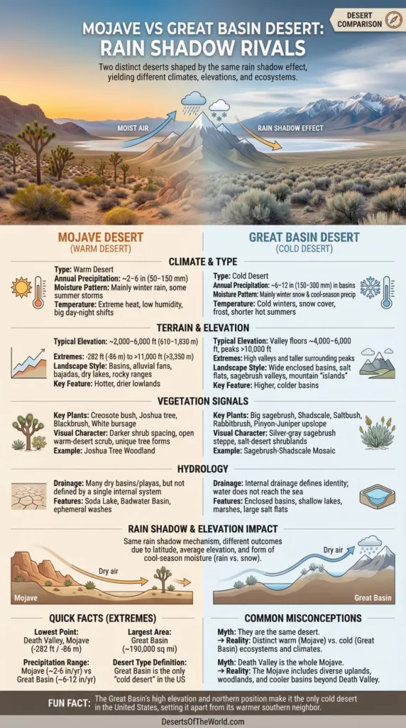 Mojave Desert shows a hot, arid landscape with iconic Joshua trees, contrasting with the cooler, mountainous Great Basin Desert.