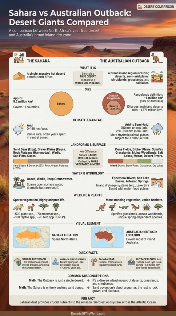 Sahara desert features endless sand dunes and a solitary camel under a clear blue sky in the desert comparison.