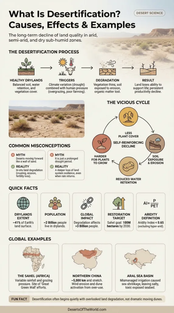 Desertification, shown here with a dry, cracked land surface, occurs when fertile land turns into desert due to various causes.