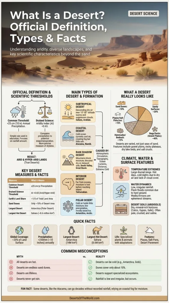 Desert landscape with sparse vegetation and sandy terrain illustrating the definition of a desert.