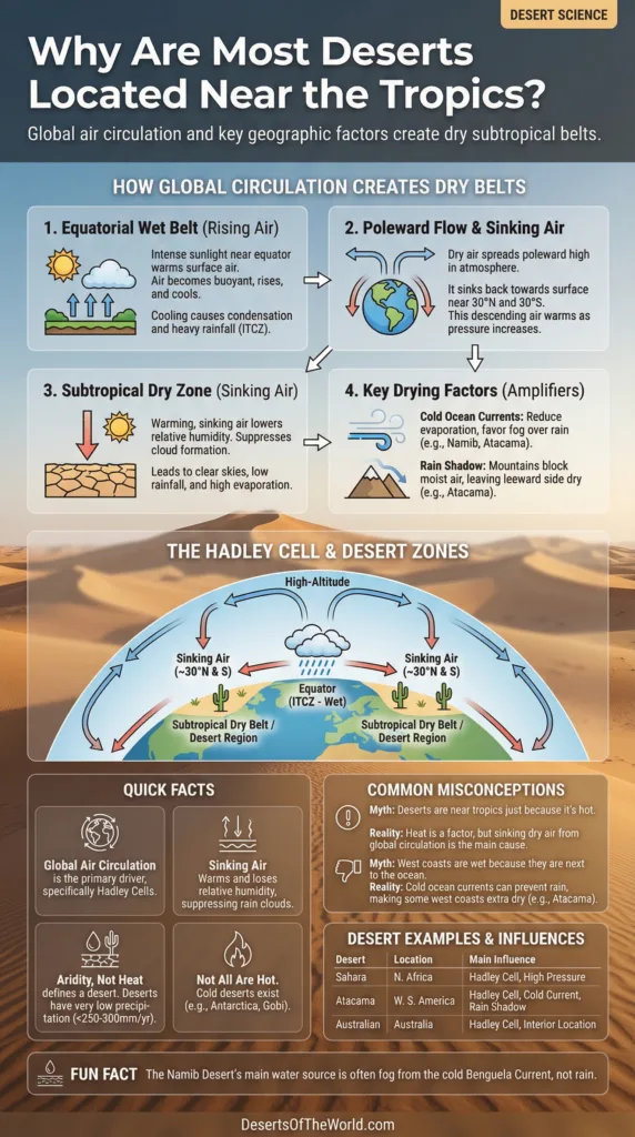 Sunset over a desert landscape with sand dunes and sparse vegetation, illustrating why many deserts are near the tropics.