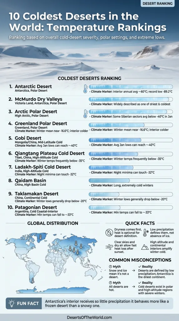Coldest deserts in the world are shown on a temperature ranking map highlighting the regions with the lowest temperatures.