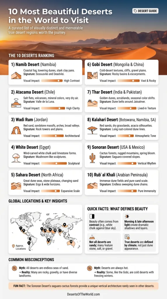 Travel through the 10 most beautiful deserts in the world famous for stunning landscapes and unique natural beauty.