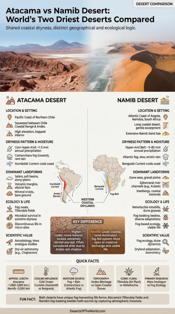 Atacama vs Namib Desert comparison shows the world's two driest places on Earth with stunning arid landscapes.