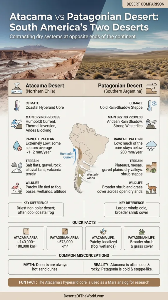 Atacama vs Patagonian Desert: a comparison of South America's two vast and unique deserts and their distinctive features.