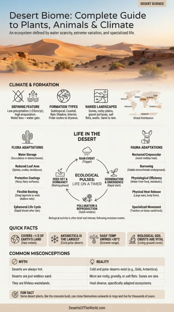 Desert biome infographic shows plants, animals, and climate features like cacti and hot, dry conditions.