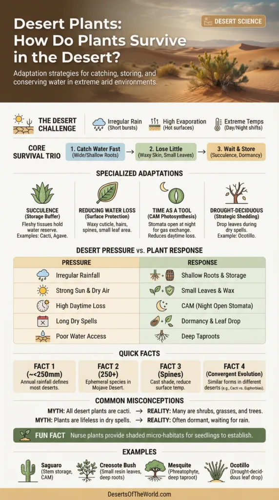 Desert plants survive harsh conditions with adaptations like deep roots and water storage