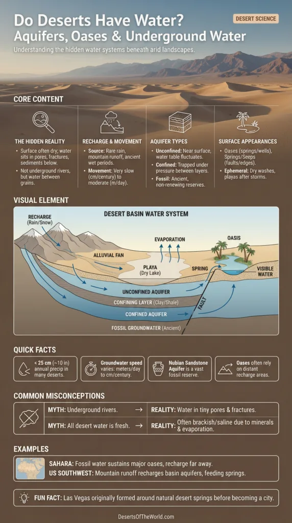 Desert landscape with an oasis featuring a small stream and palm trees amid sandy dunes.