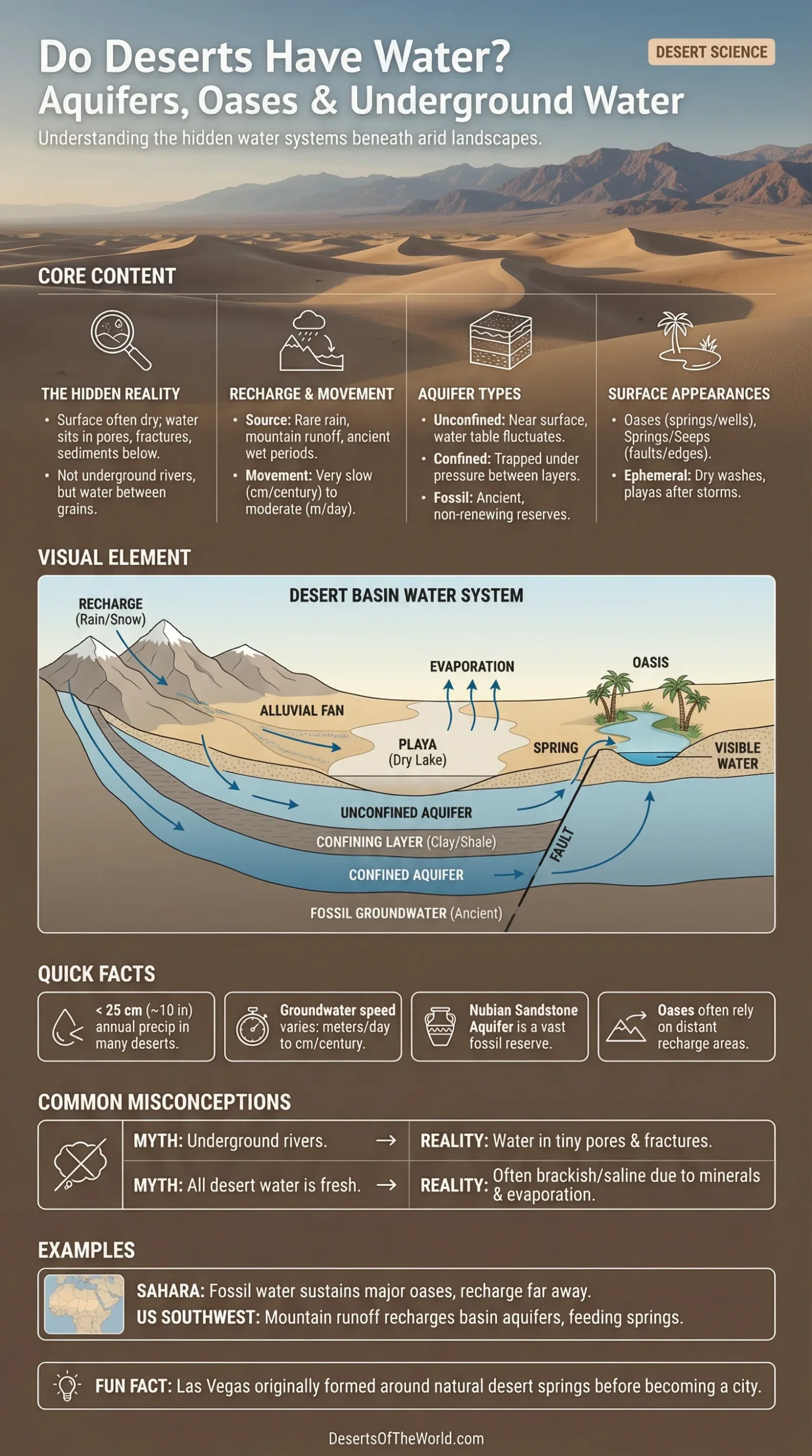 Desert landscape with an oasis featuring a small stream and palm trees amid sandy dunes.