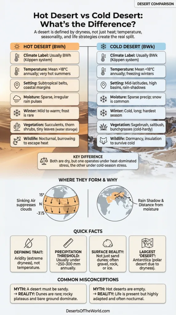 Hot desert vs cold desert: a comparison of climates, temperatures, and unique features of desert environments.