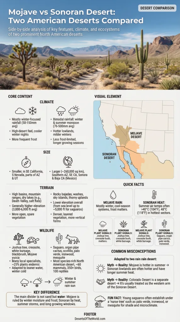 Mojave vs Sonoran desert comparison shows distinct landscapes and unique plant life of these American deserts.