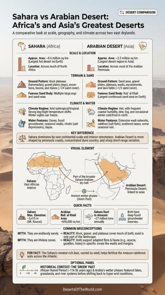 Sahara vs Arabian Desert comparison highlighting Africa's and Asia's largest deserts