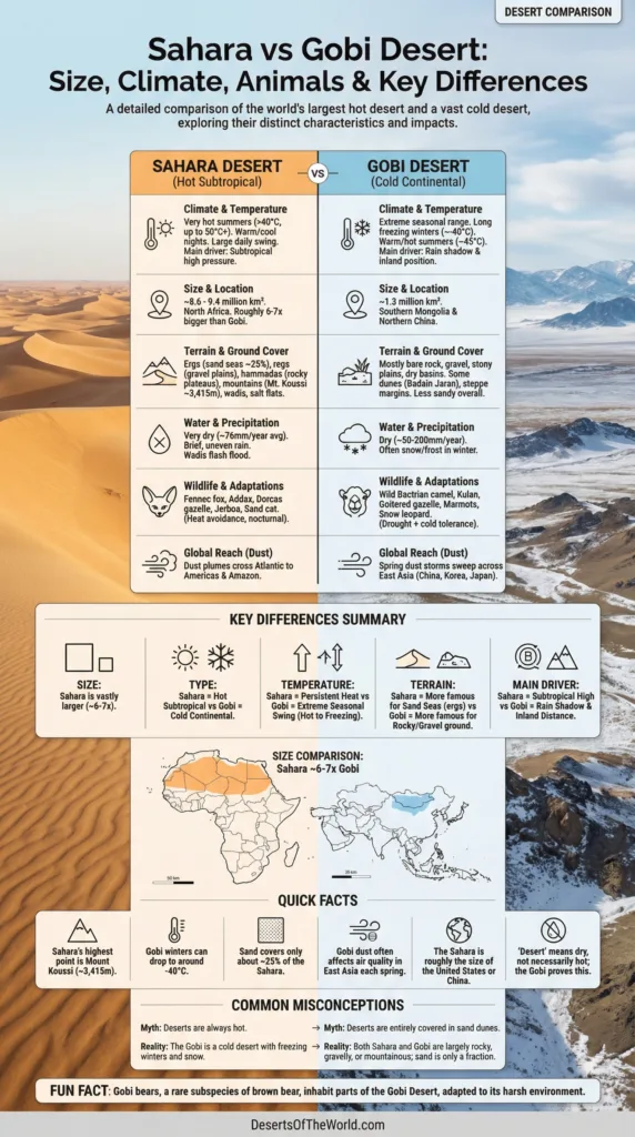 Sahara vs Gobi Desert comparison showcasing size, climate, and animals in these vast, contrasting deserts.