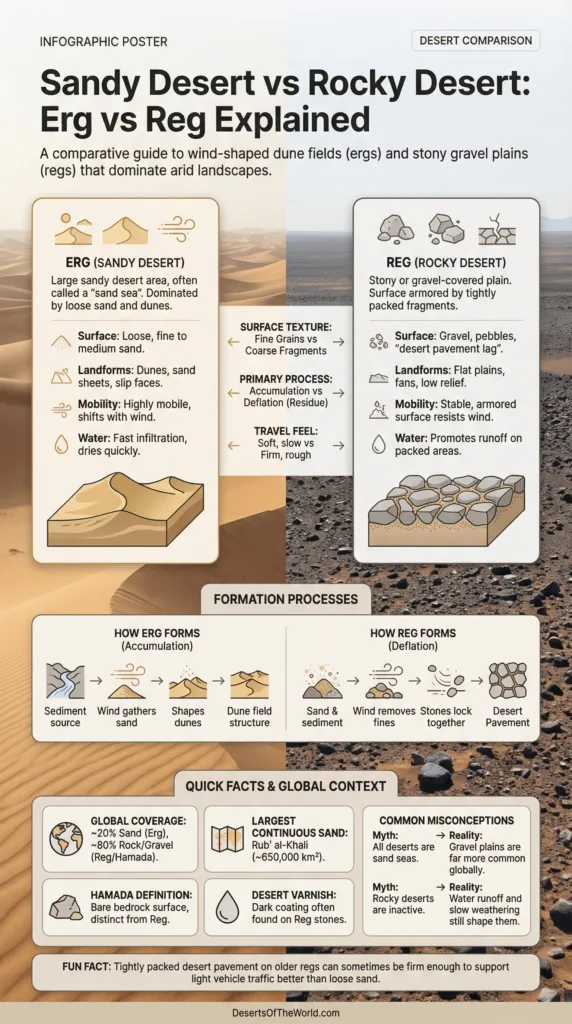 Sandy Desert vs Rocky Desert compare the key differences between erg and reg landscapes in deserts.