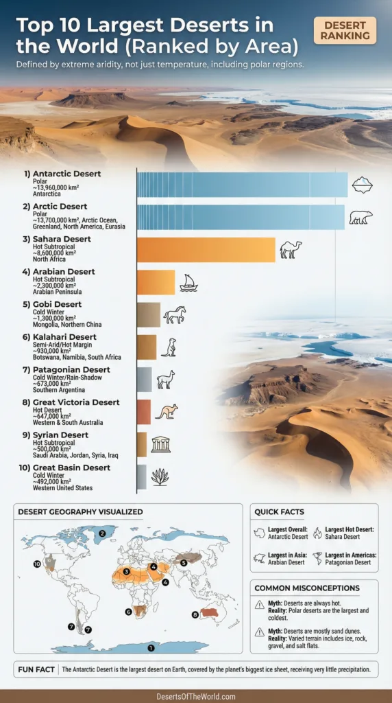 Top 10 largest deserts in the world displayed on this infographic, showcasing their areas and unique desert landscapes.