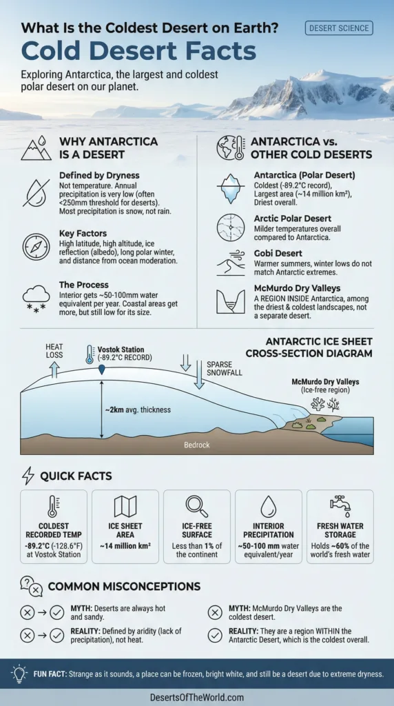 Antarctica, the coldest desert on earth, features vast ice sheets and a polar icy landscape.