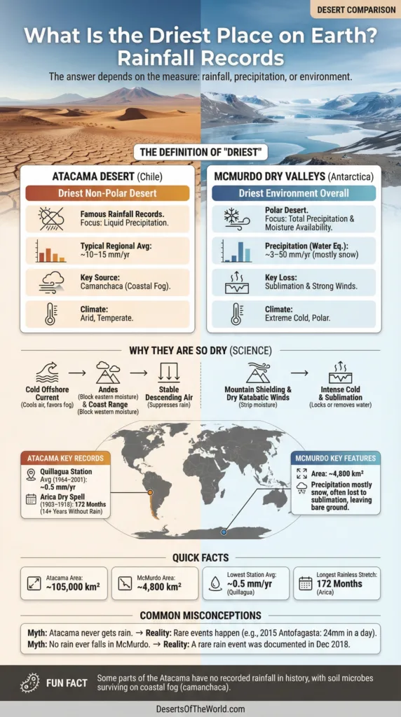 Atacama Desert shows almost no rainfall, making it the driest place on earth with some areas receiving less than 0.04 inches annua…