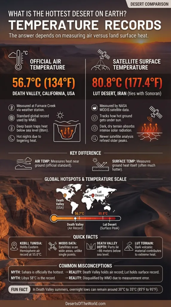 Hottest desert on earth is shown with a landscape of burning sand dunes under a clear sky.