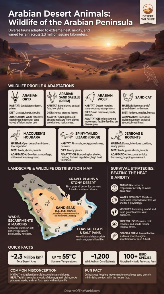 Arabian desert animals, wildlife of the Arabian Peninsula, adapt to harsh desert environment, showcasing unique desert species.