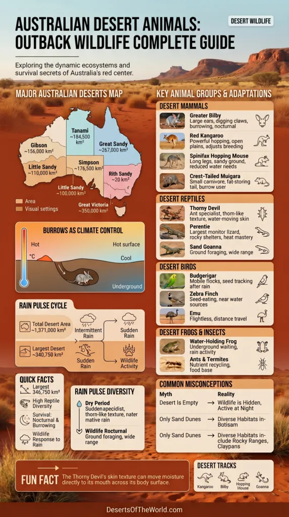 Australian desert animals feature unique species like kangaroos, reptiles, and insects adapted to outback environments.