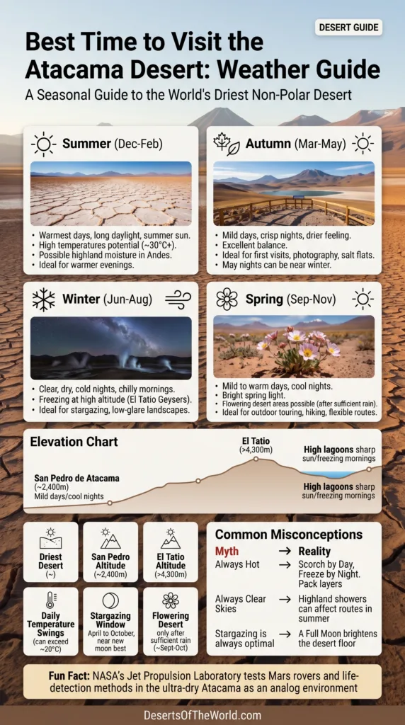 Best time to visit the Atacama Desert with seasonal weather and elevation details for ideal travel conditions.