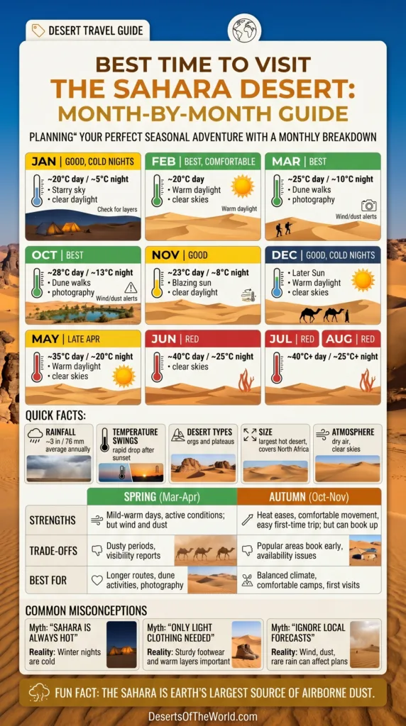 Best time to visit Sahara with a month-by-month guide showcasing the ideal seasons and weather conditions.