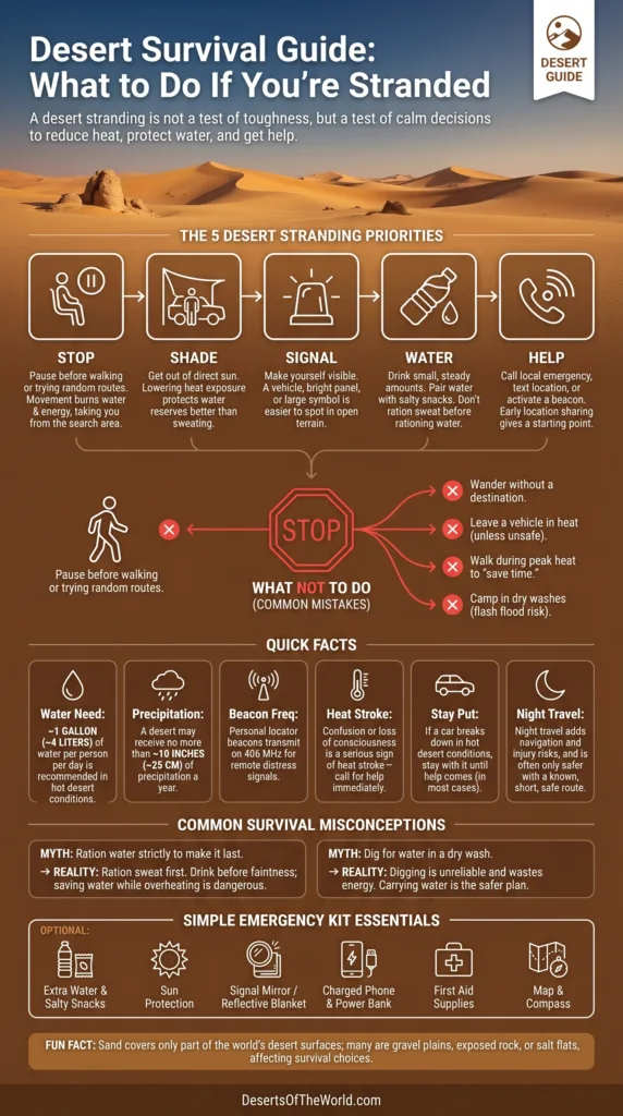 Desert survival guide shows essential tips for staying safe and finding water if you're stranded in the desert.