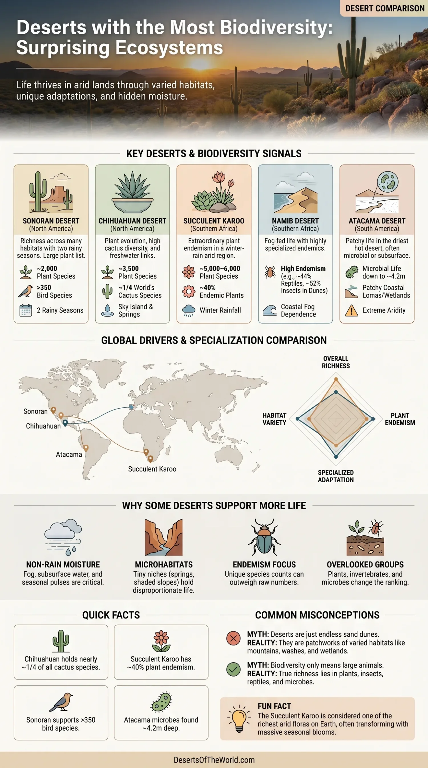 Deserts with the most biodiversity showcase surprising ecosystems rich in unique plant and animal life.