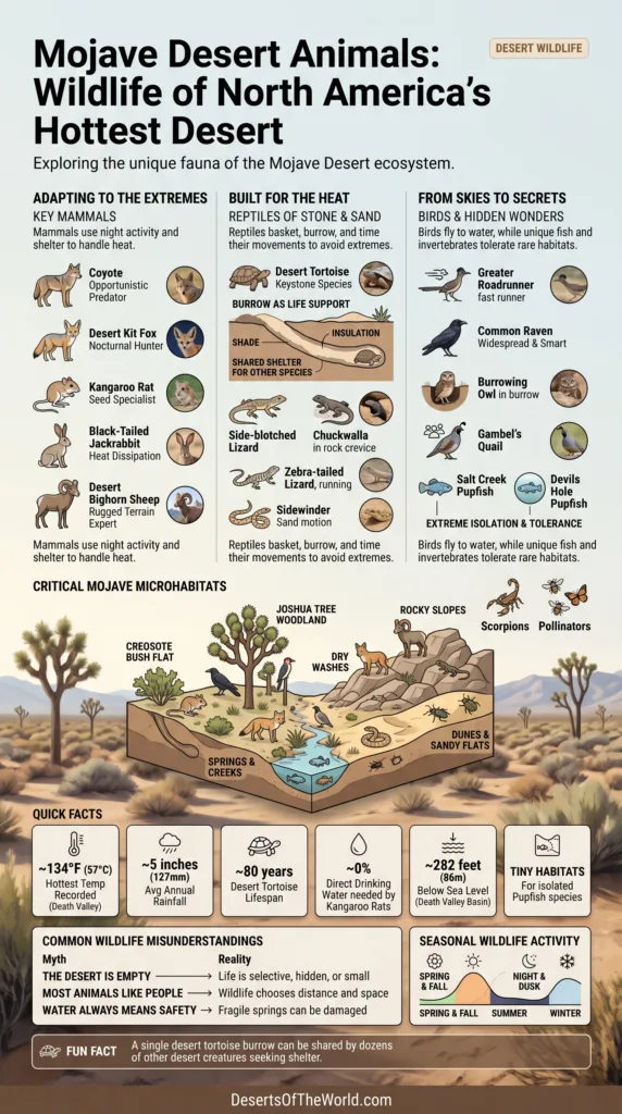 Mojave desert animals include diverse wildlife like snakes, lizards, rodents, and birds adapted to North America's hottest desert.