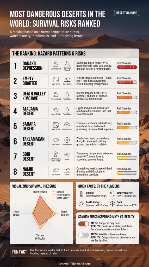 Most Dangerous Deserts in the World: Survival Risks Ranked highlight the harshest desert environments worldwide.