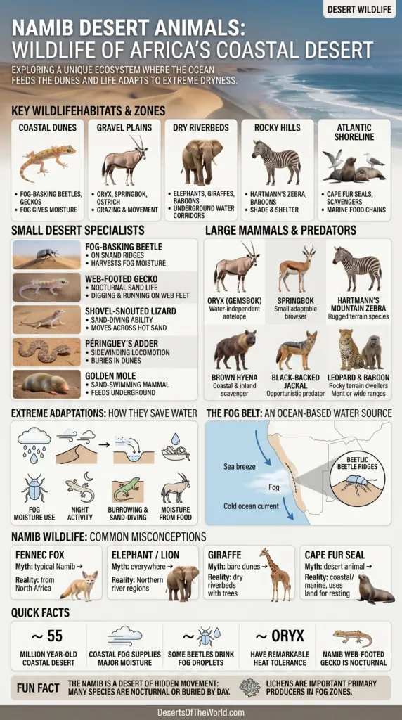 Namib Desert Animals showcase unique wildlife adapted to Africa's coastal desert environment.