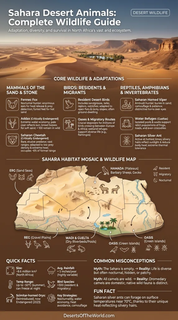Sahara Desert Animals: Complete Wildlife Guide showing diverse creatures and their habitats across the desert.